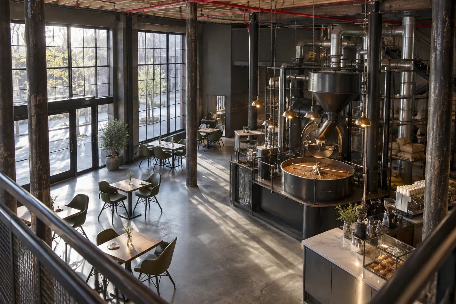 A double-height warehouse cafe seen from a mezzanine, a large dark roasting machine at its centre and tall windows throwing light on concrete