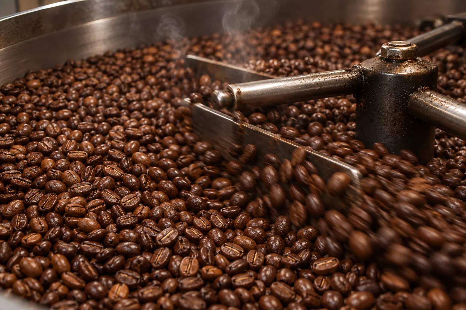 Just-roasted coffee beans in a circular steel cooling tray with a metal paddle arm sweeping through them, faint steam rising