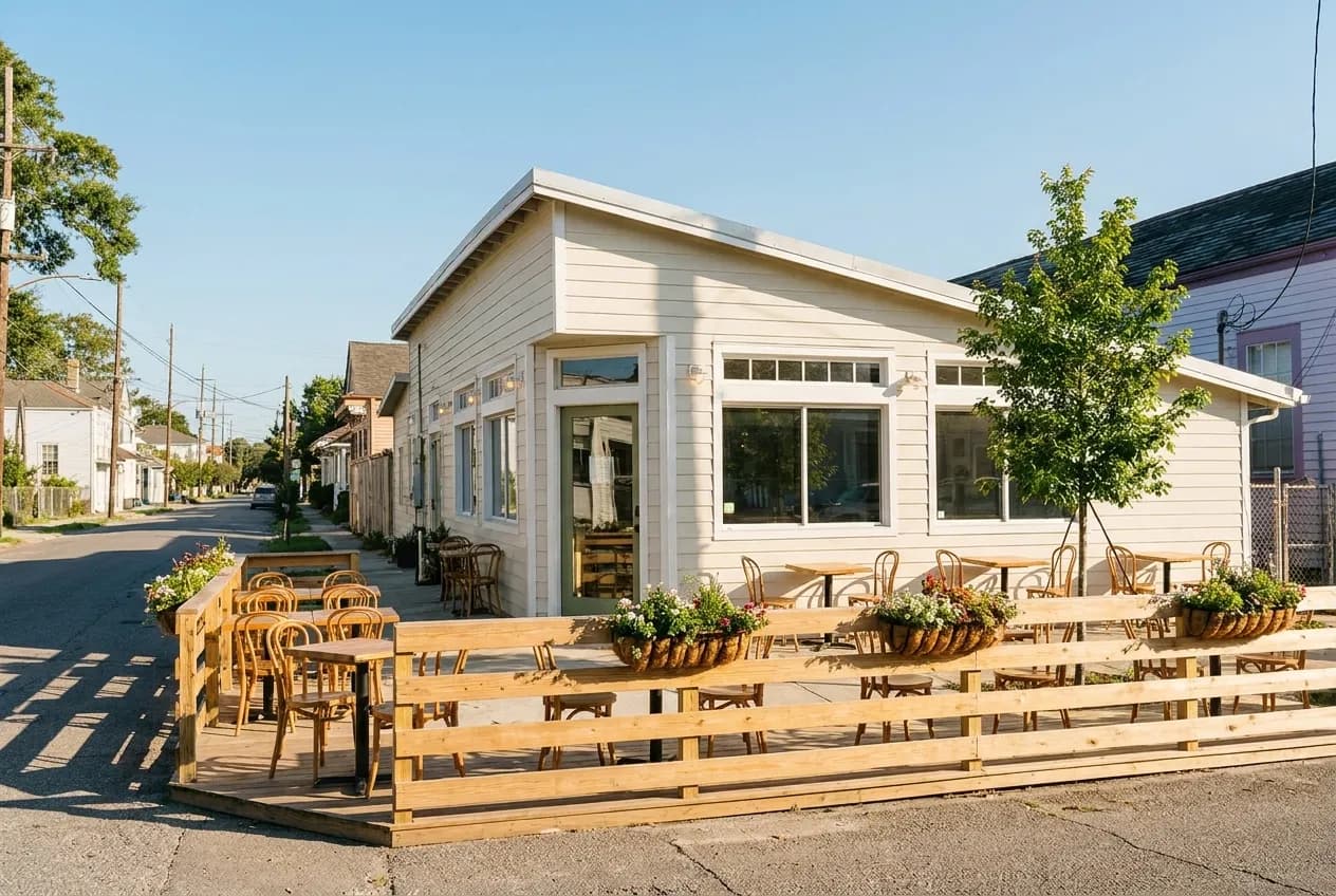 A corner café with a large fenced outdoor seating area on a sunny street corner