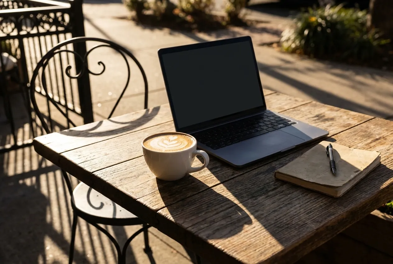 A flat white and a laptop on an outdoor café table in bright afternoon sun