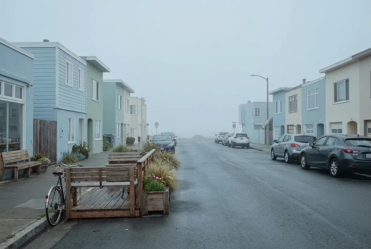 A café parklet on a quiet avenue with fog rolling in from the ocean at the end of the street