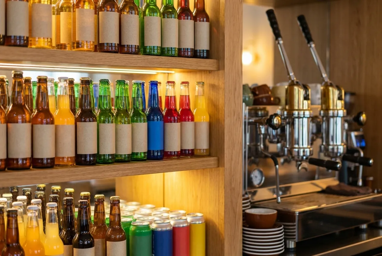 Shelves of colourful non-alcoholic bottles beside a coffee counter