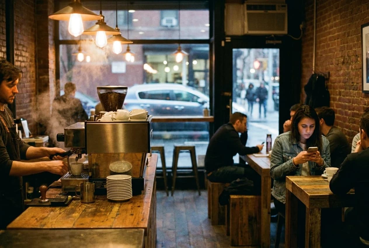 Espresso machine at East Village coffee bar in evening with customers at tables in background under warm lighting