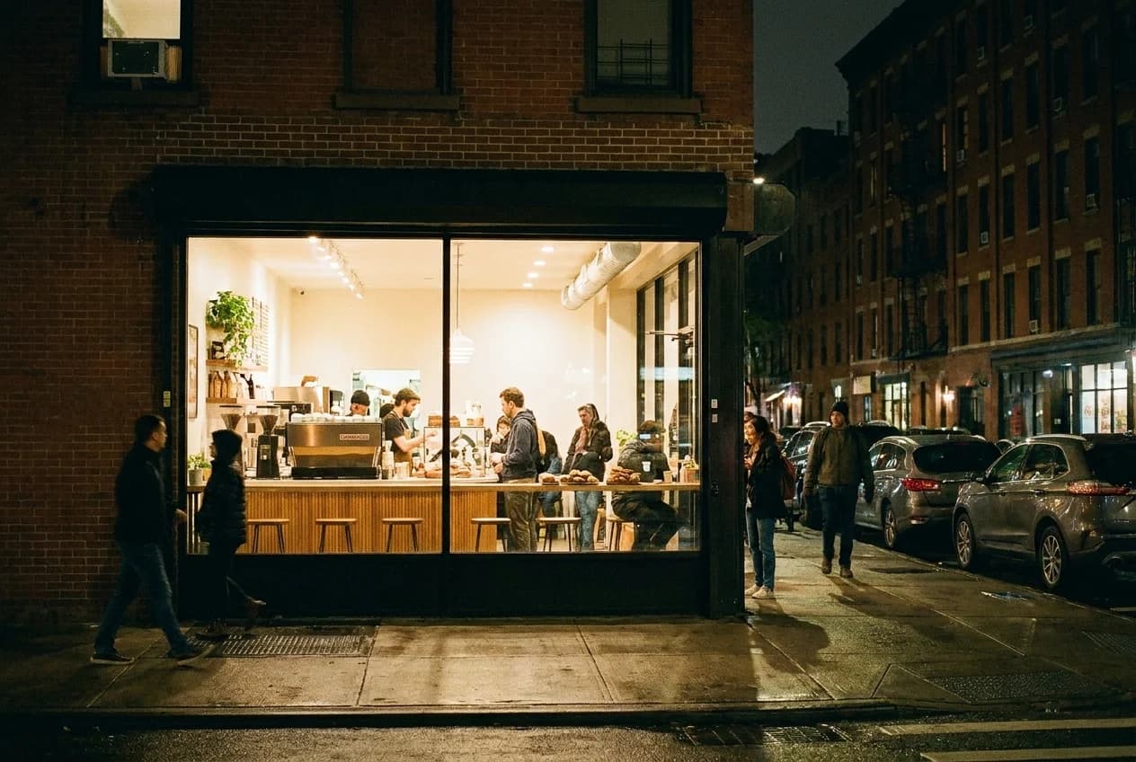 Coffee counter at night through window on East 7th Street in East Village, espresso machine and warm interior light visi