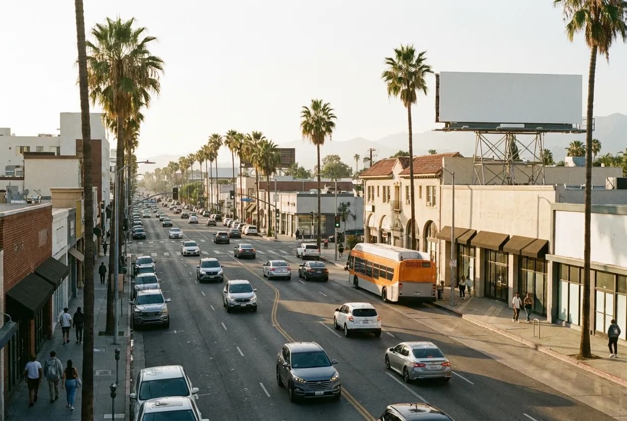 A wide boulevard in Los Angeles with low buildings, palm trees and afternoon light