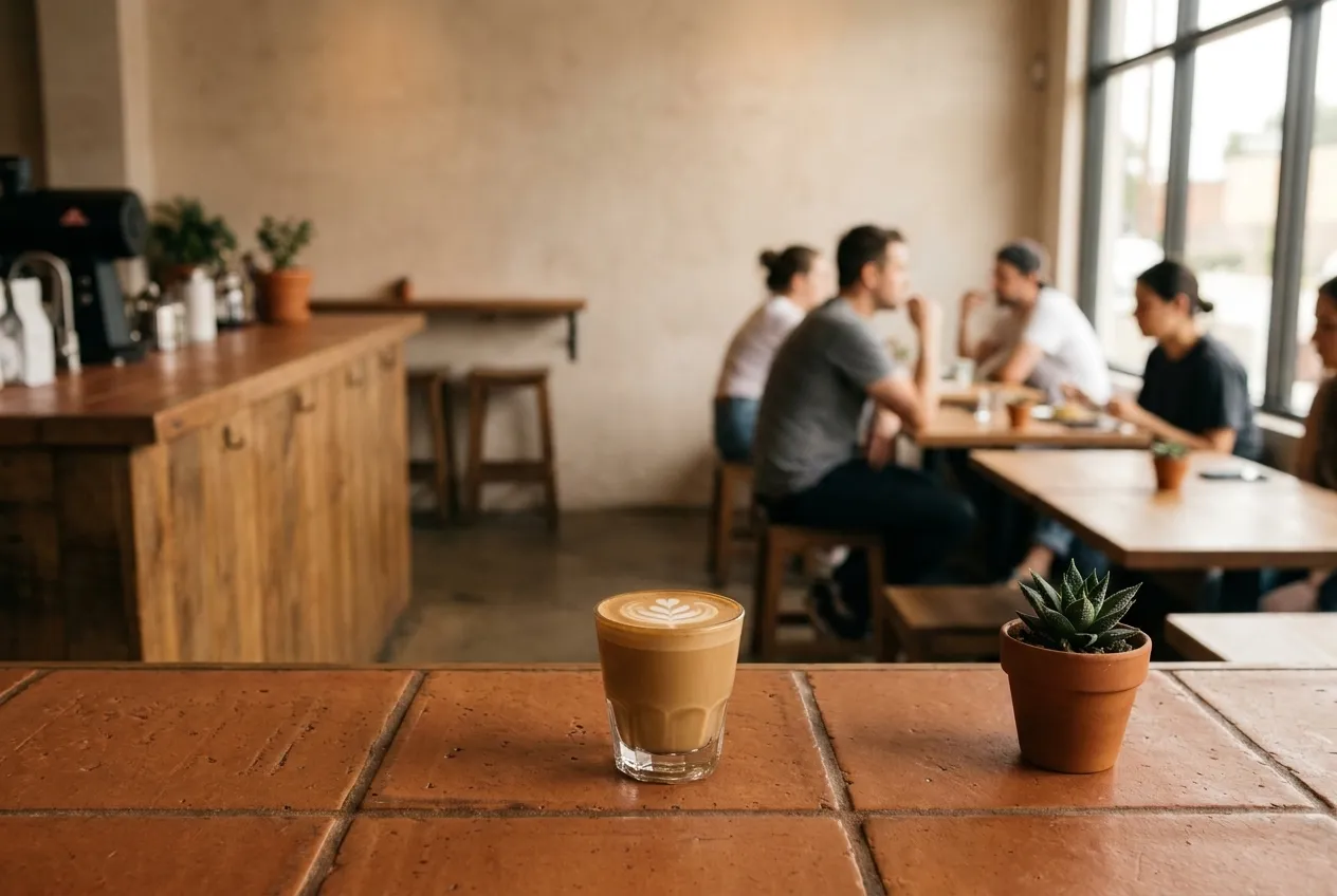A cortado in a small glass beside a plant on a tiled cafe counter