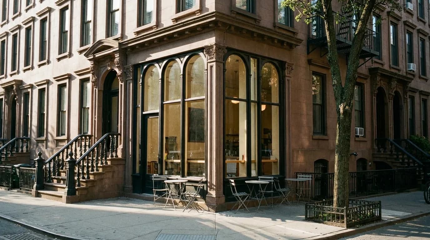 A corner café with tall windows, a few pavement tables and brownstone steps beside it