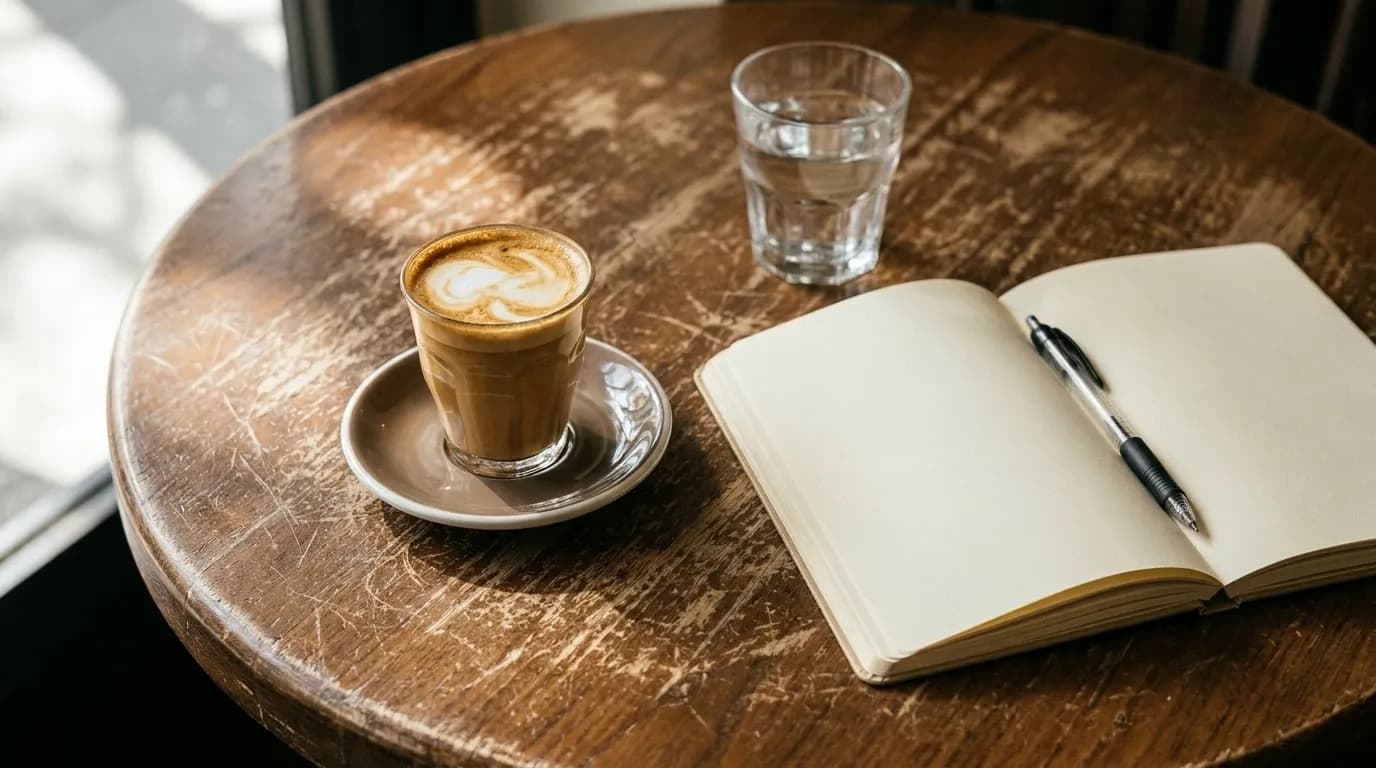 A cortado on a saucer beside an open notebook on a small round café table