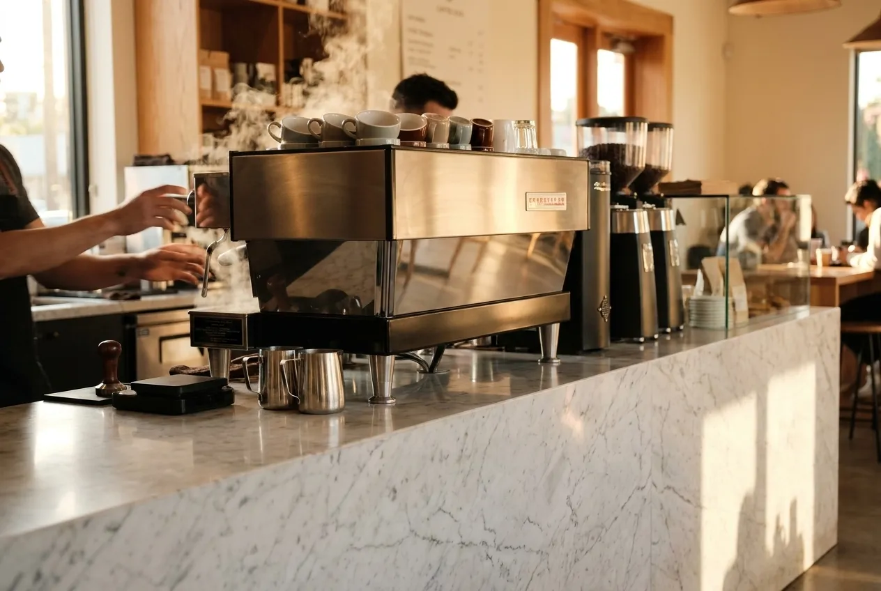 A polished espresso bar with a machine and cups on a marble-fronted café counter
