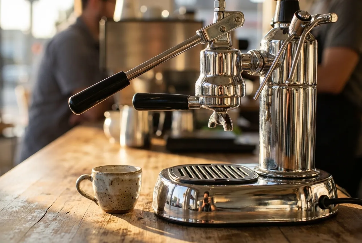 An espresso machine group head and a small ceramic cup on a wooden counter