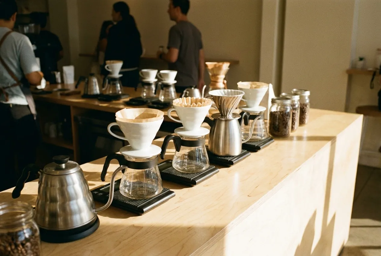 A pour-over station with kettles and scales on a pale wooden counter