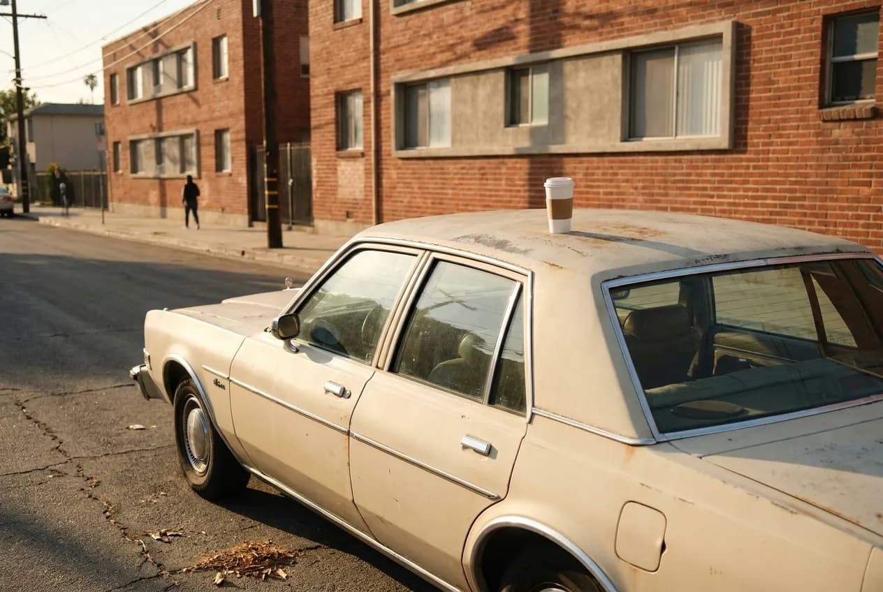 A parked car on a sunlit residential street with a coffee cup on the roof