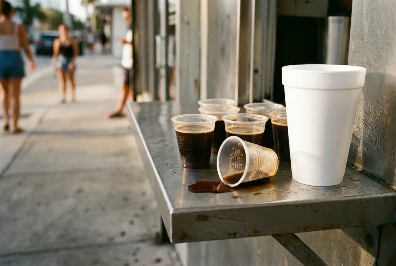 A cluster of tiny plastic cups holding dark coffee on a steel ledge, one tipped on its side beside a larger styrofoam cup