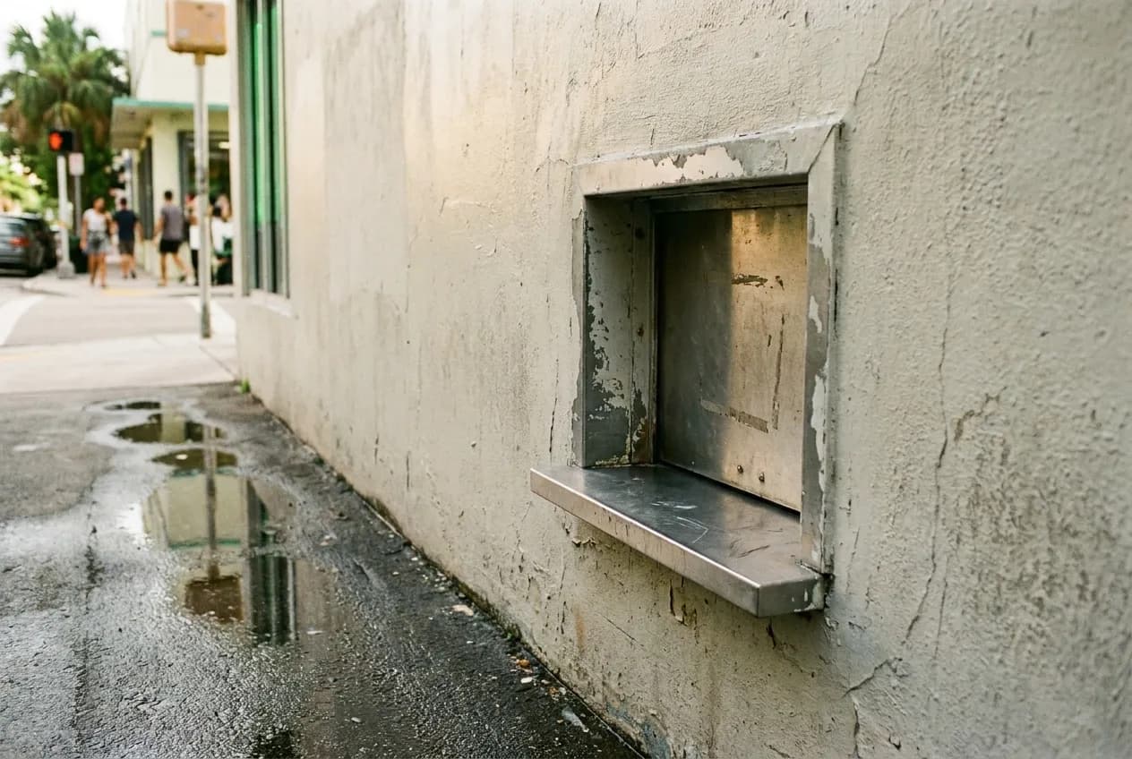 A small service hatch cut into a painted exterior wall at waist height, a narrow steel ledge below it and a strip of pavement in front