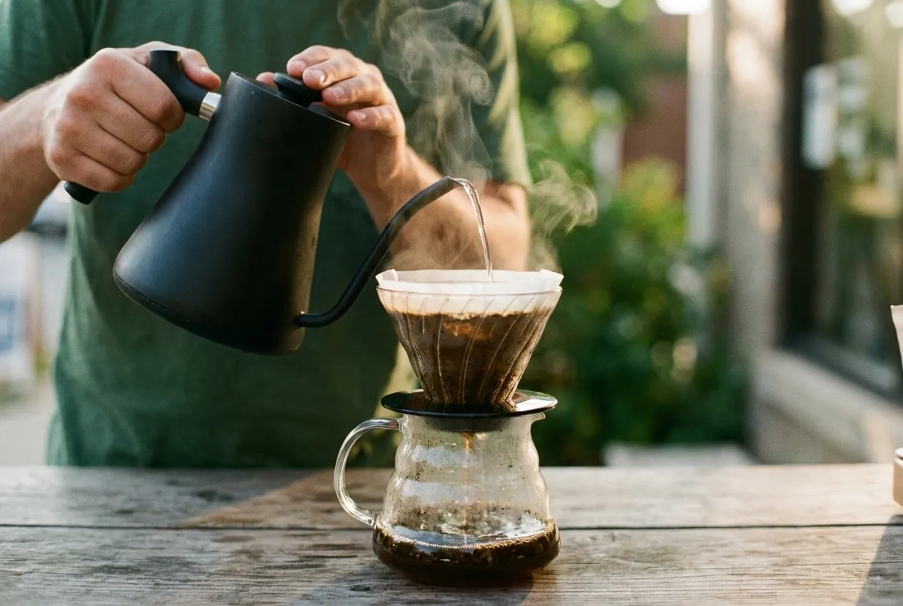 Water being poured in a slow spiral over ground coffee in a cone filter set on a glass carafe, steam rising
