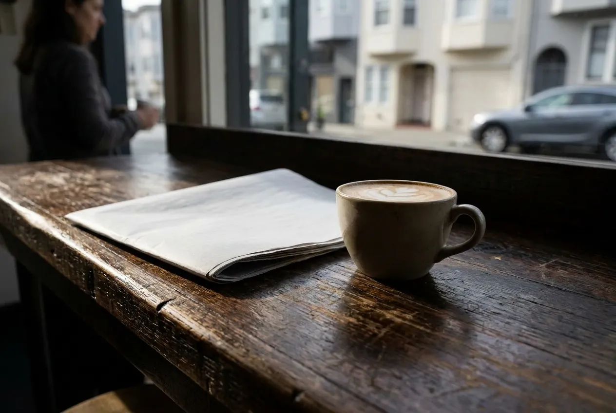 A flat white on a wooden cafe counter beside a folded newspaper