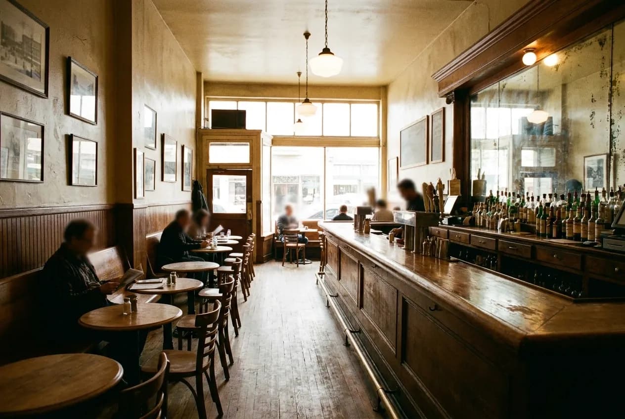 The interior of an old cafe with a long bar counter, mirrored back wall and small tables along the opposite side under warm hanging lights