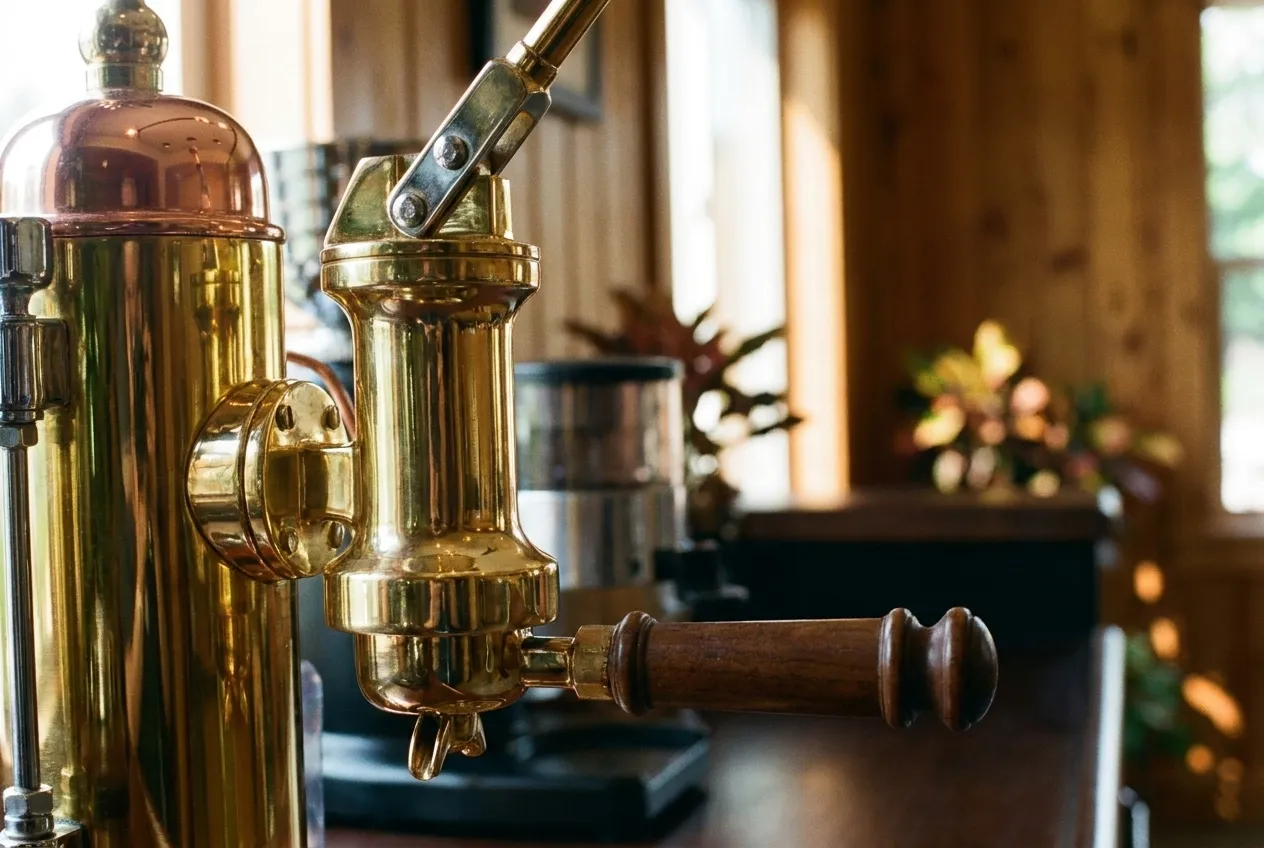 The polished group head and lever of an old espresso machine in close detail, brass and chrome catching the light