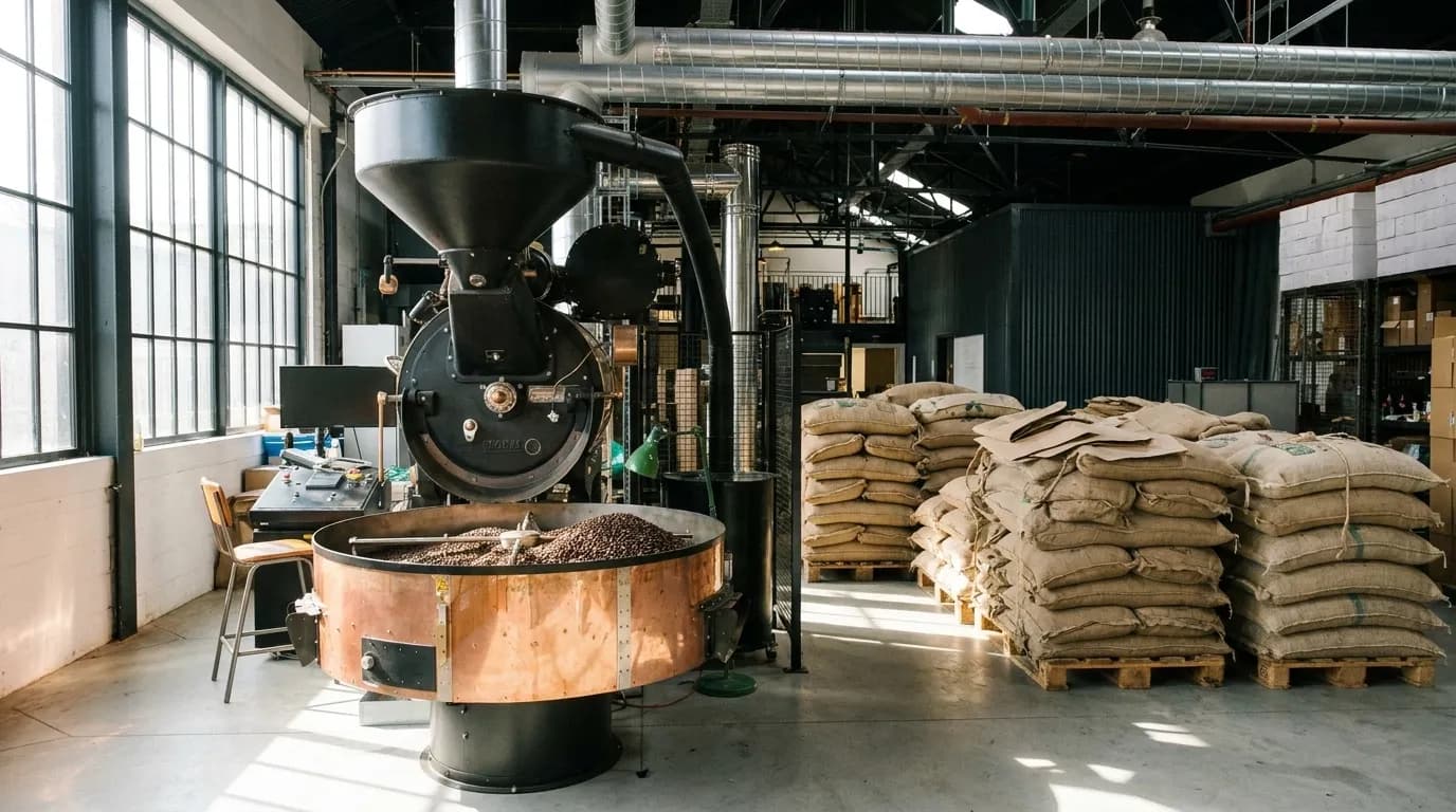 A drum roaster in a bright warehouse space with sacks of green coffee stacked behind it and a cooling tray of beans in the foreground