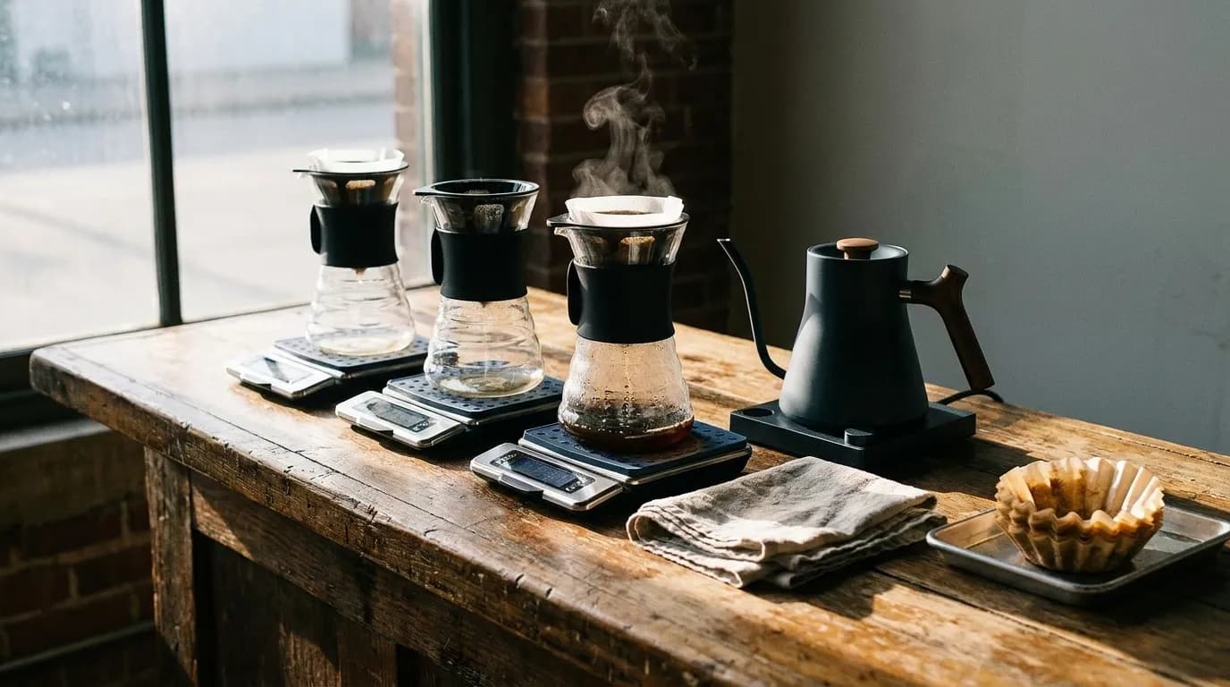 A pour-over station with three glass brewers on a wooden bar, scales and a gooseneck kettle beside them under a window