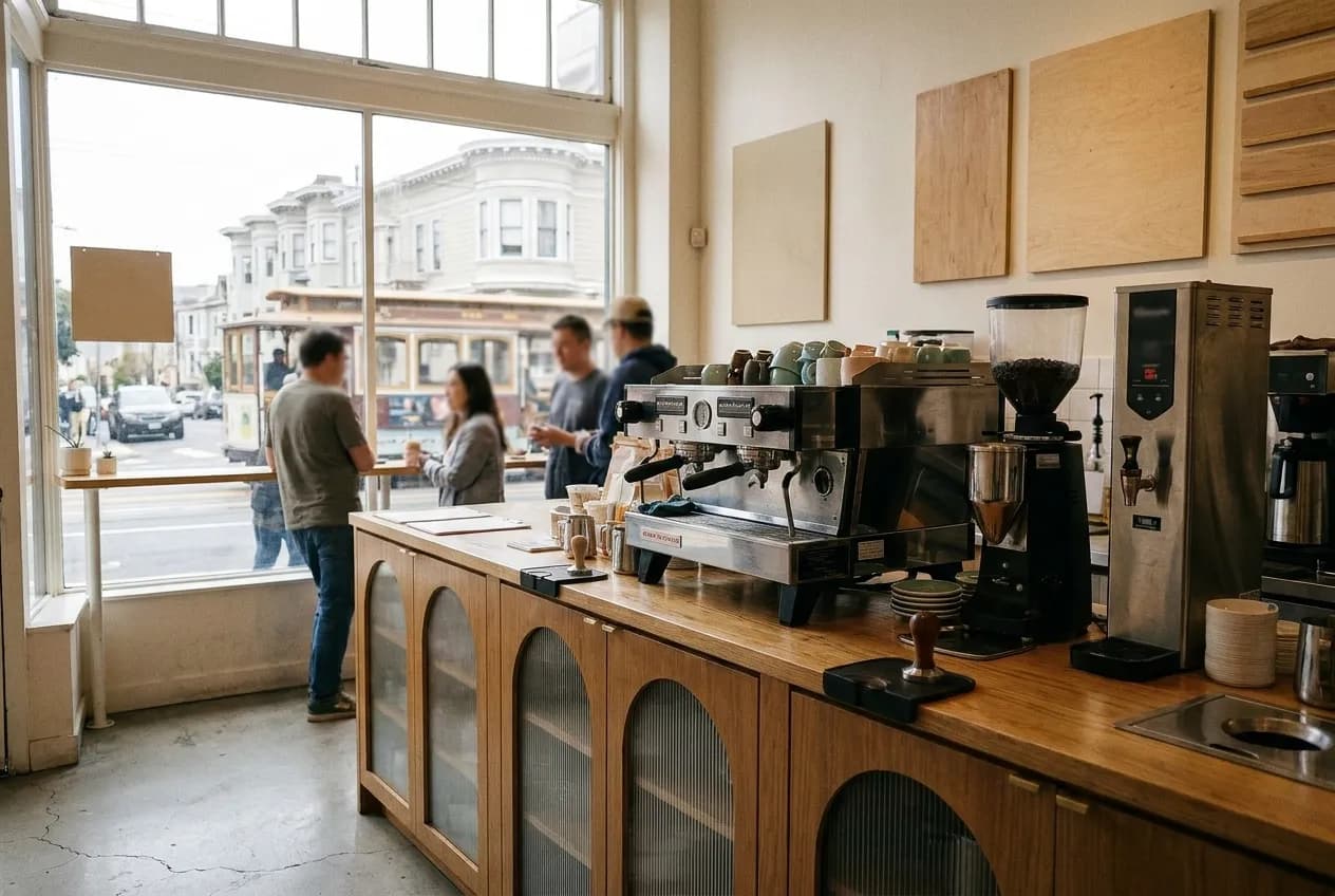 A cafe counter with an espresso machine and a grinder along it, daylight from a shopfront window falling across the wood and steel
