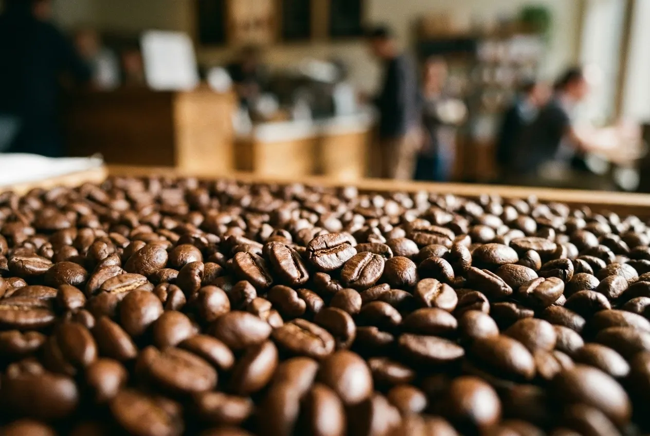 Roasted coffee beans filling the frame, the oil sheen and the crease down each bean visible in raking light