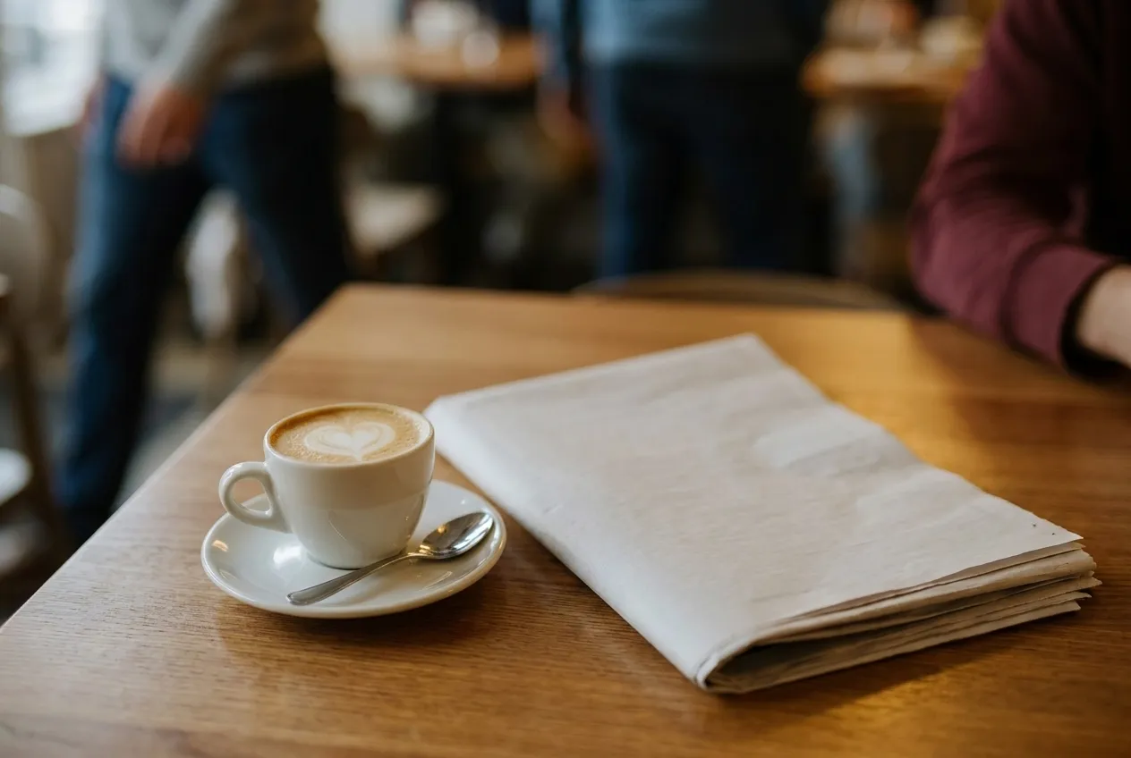 A small cup and a spoon on a cafe table with a folded newspaper