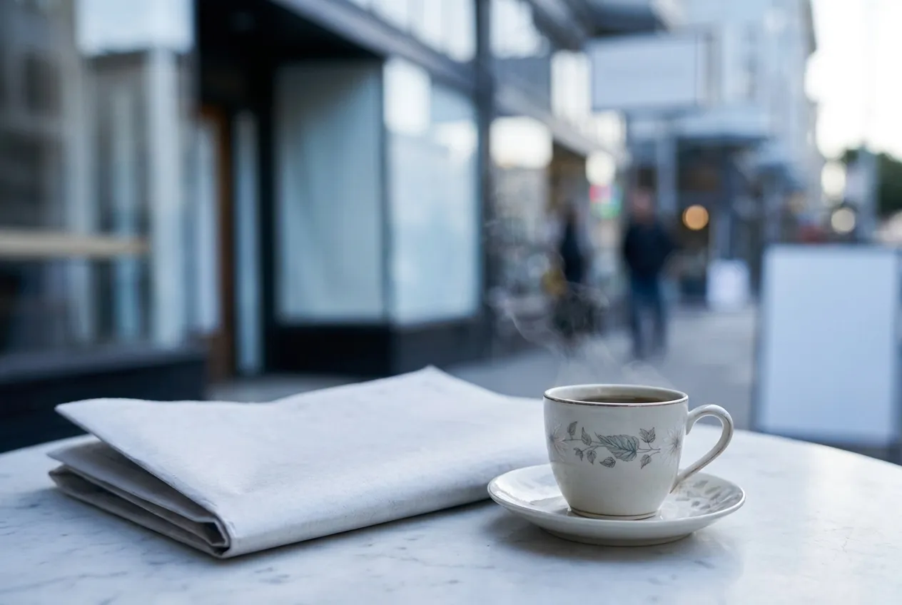 A small espresso cup and saucer on a marble cafe table beside a folded newspaper