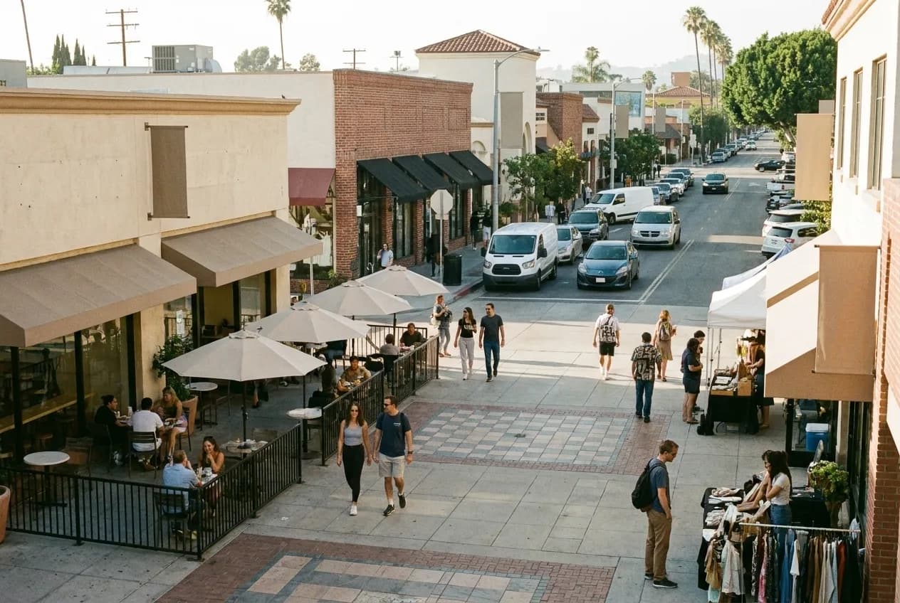 A small village plaza in Los Angeles with low storefronts and a paved pedestrian area