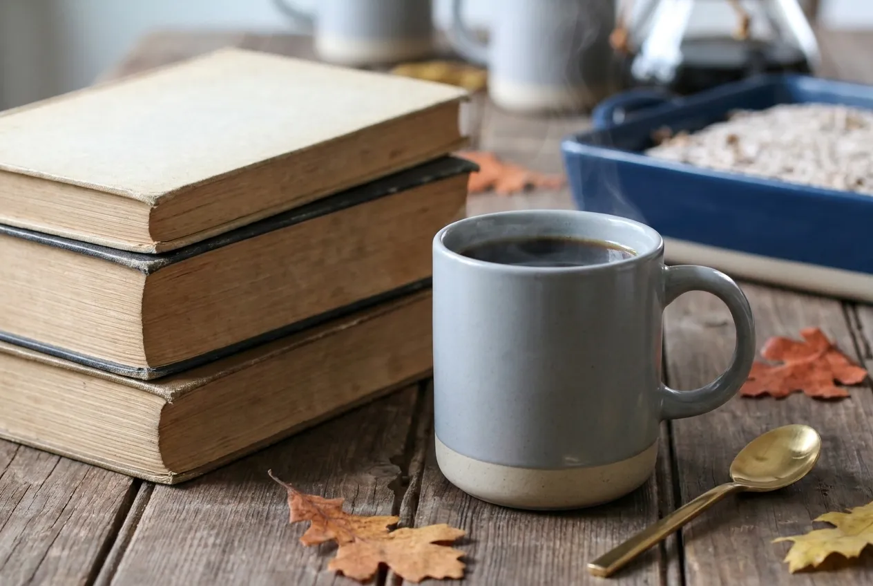 A drip coffee in a mug on a wooden table beside a stack of books
