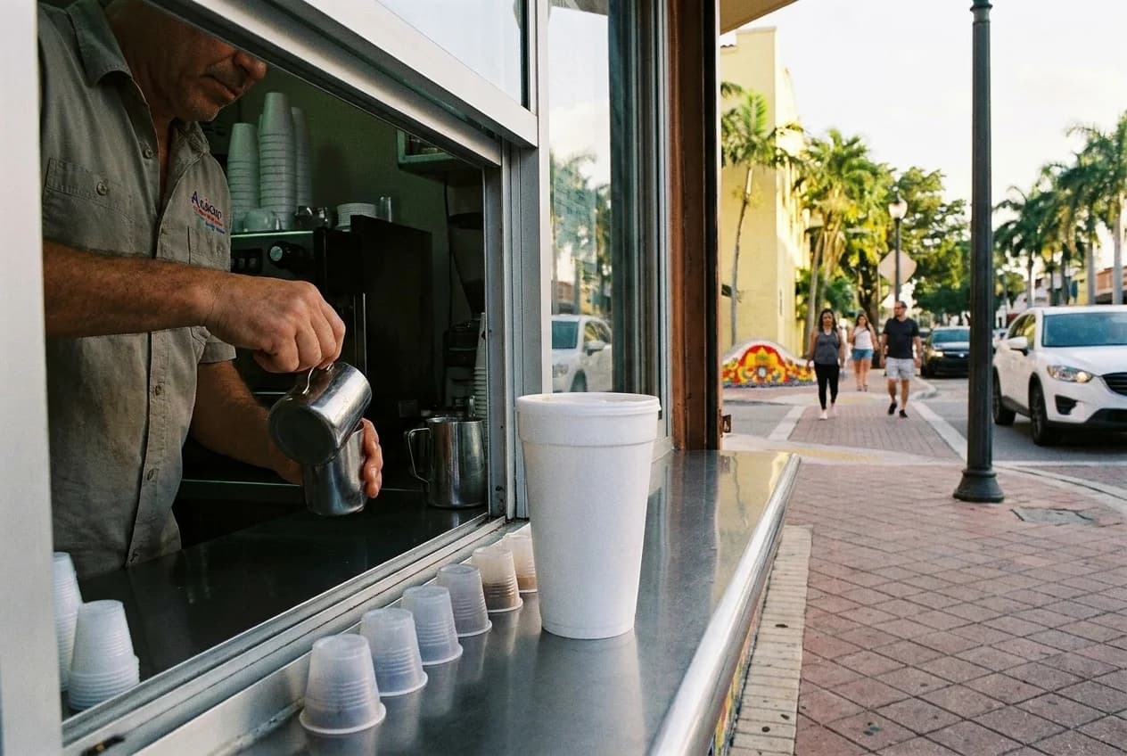 Interior counter of a Little Havana ventanita with espresso machine, plastic thimble cups, and Cuban pastries