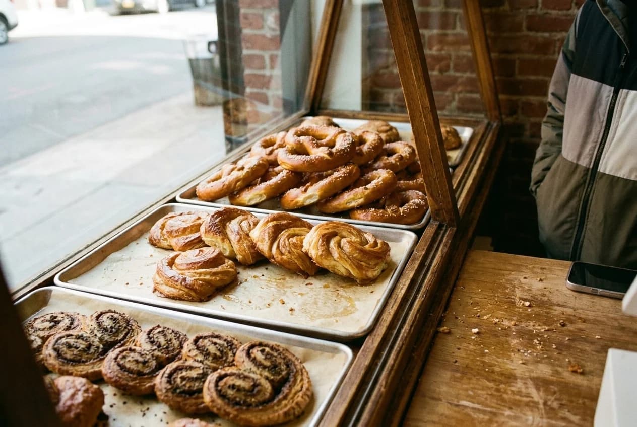 Elbow Bread pastry case with sweet potato pretzels, challah honey buns, and caraway rye palmiers on parchment paper.