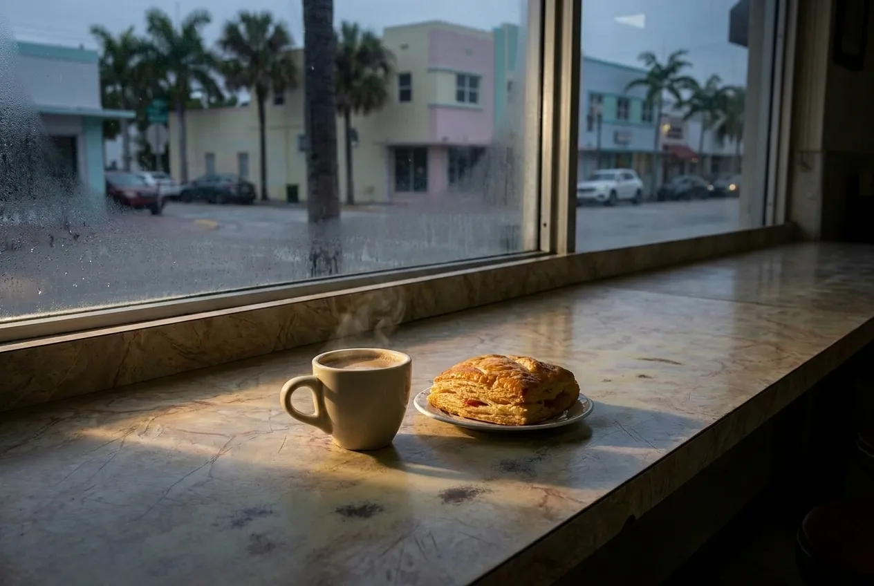 A white ceramic cup of Cuban coffee beside a buttered pastelito on a café counter, morning light streaming through a Miami storefront window.