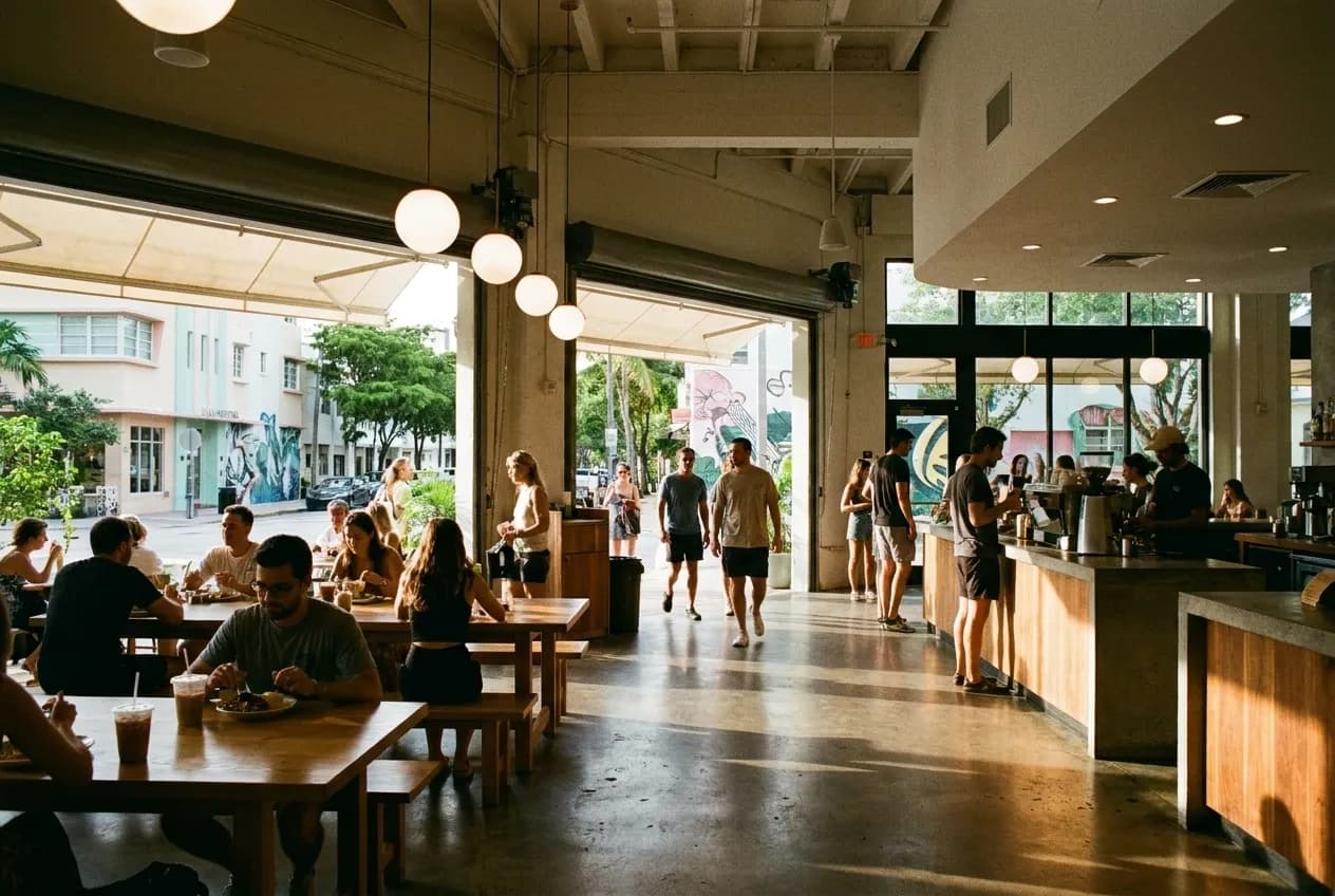 Wide view inside industrial food hall with polished concrete floors, high ceilings, communal tables, and natural light streaming through large windows onto casual seating areas.