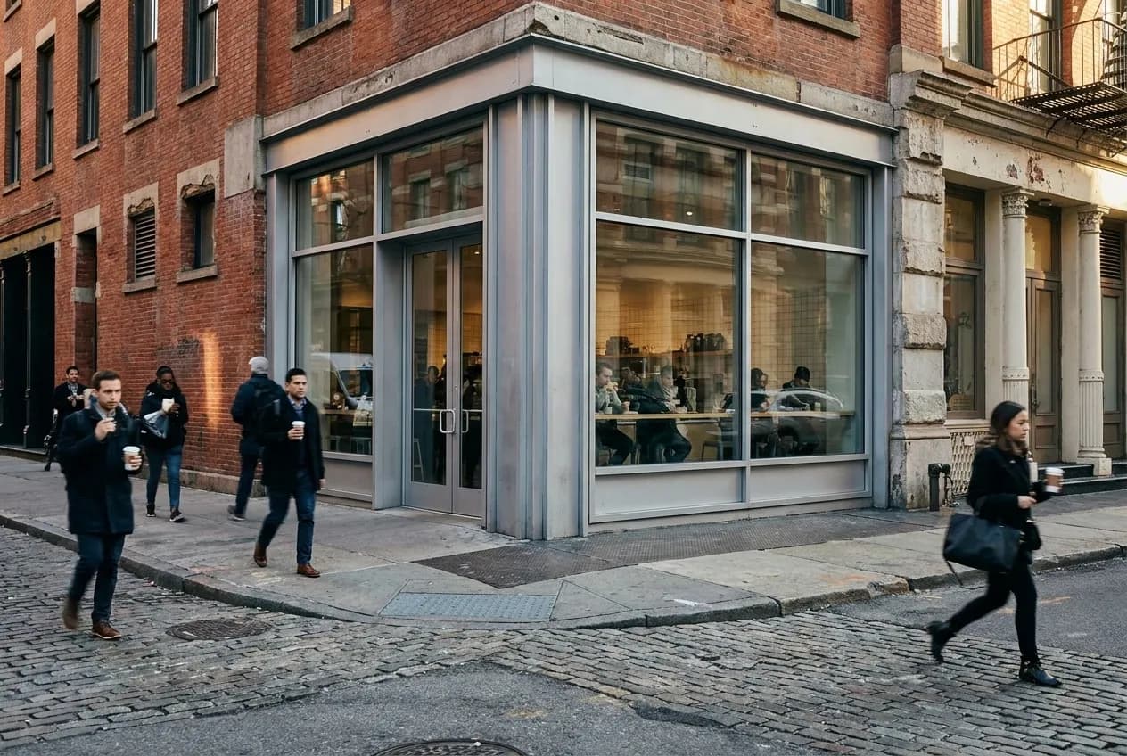 Morning commuters walking past a corner coffee shop in lower Manhattan, soft daylight illuminating a clean glass storefront and empty sidewalk tables near a crosswalk.