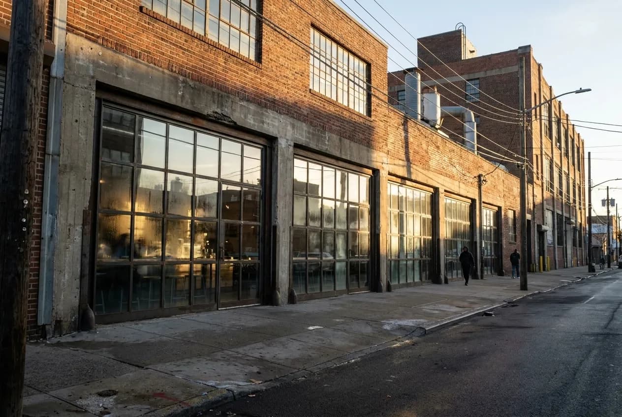 Wide street view of an industrial Brooklyn block at sunrise with ground-floor cafe storefronts and metal-framed windows catching morning light across brick facades.