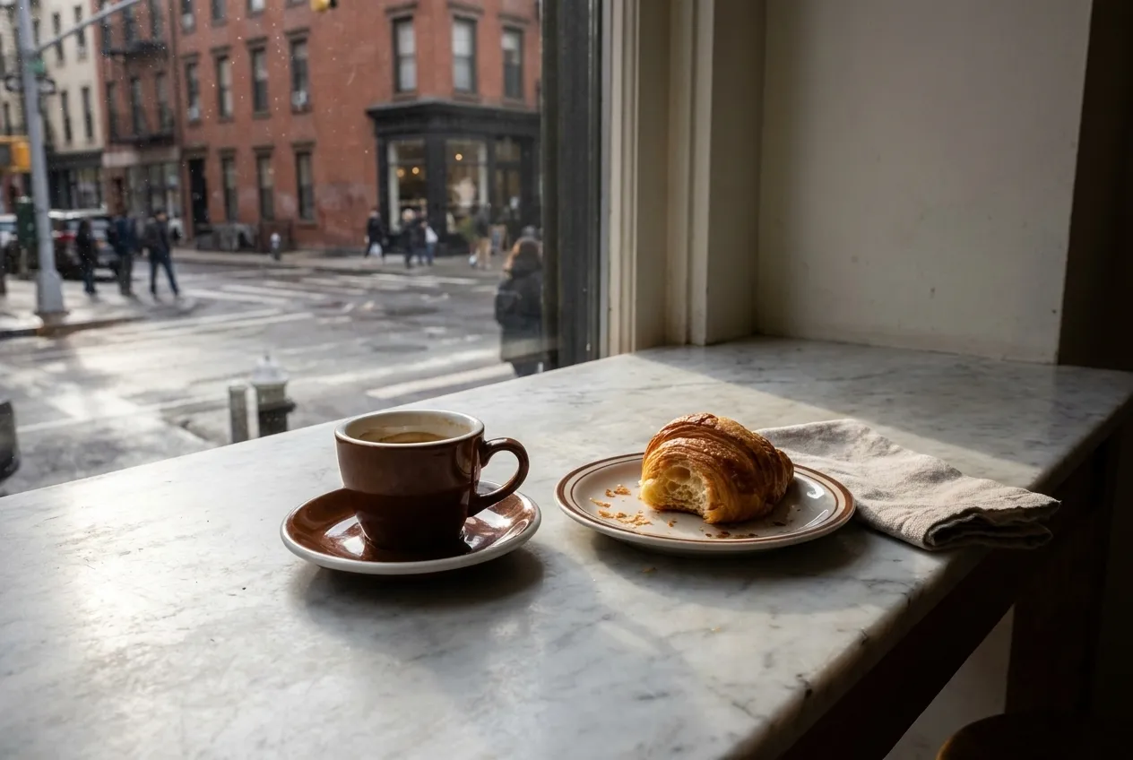 Close view of a ceramic coffee cup on a small round table with a folded newspaper and a spoon resting on the saucer beside it.