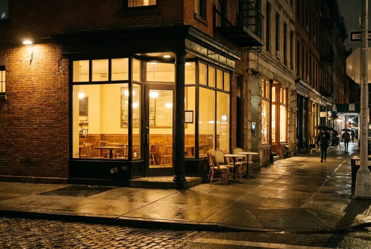 Evening streetlight glow on a New York City sidewalk café window with empty bistro tables visible through the glass and pedestrians passing outside.