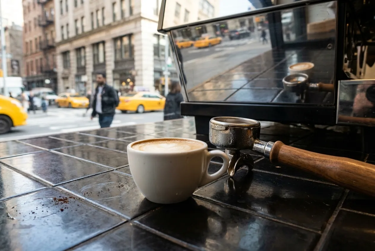 Clean modern espresso counter in New York coffee shop with white subway tile backsplash, chrome equipment, and line of ceramic cups on wooden shelf.
