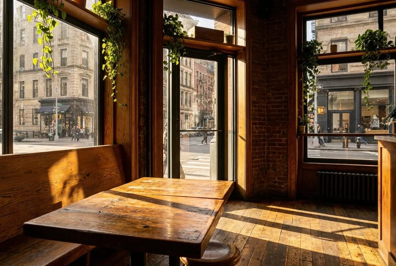 Bright café interior in Manhattan with tall windows, green plants along wooden counter, and morning sunlight streaming across polished concrete floor.