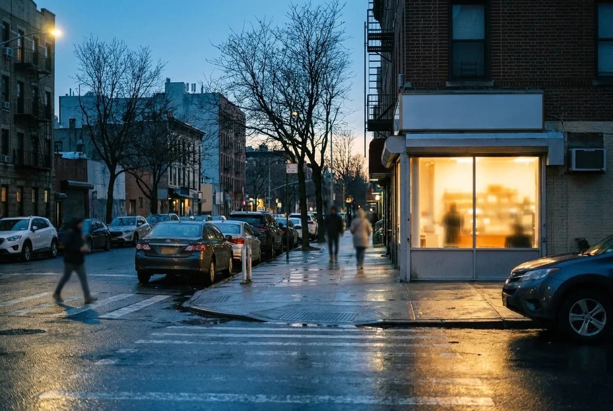A New York street just before sunrise, wet asphalt and one lit shopfront spilling light onto the pavement