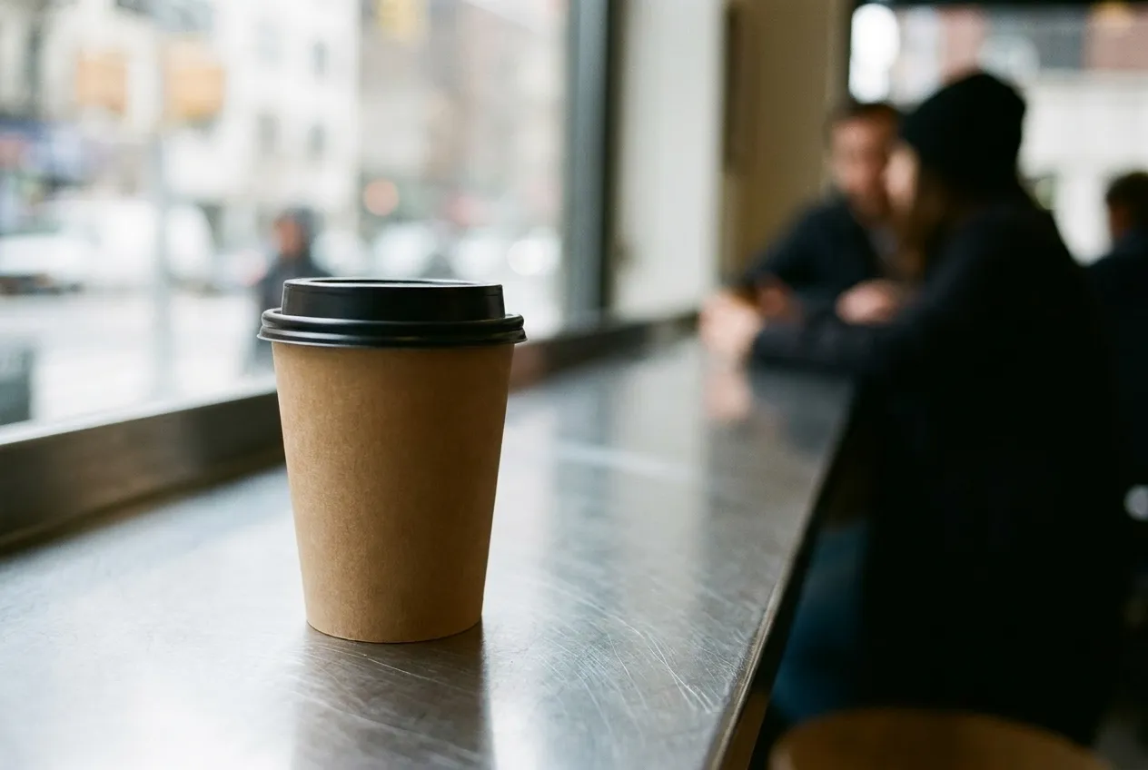 A paper takeaway coffee cup with a plastic lid standing on a scratched stainless steel counter