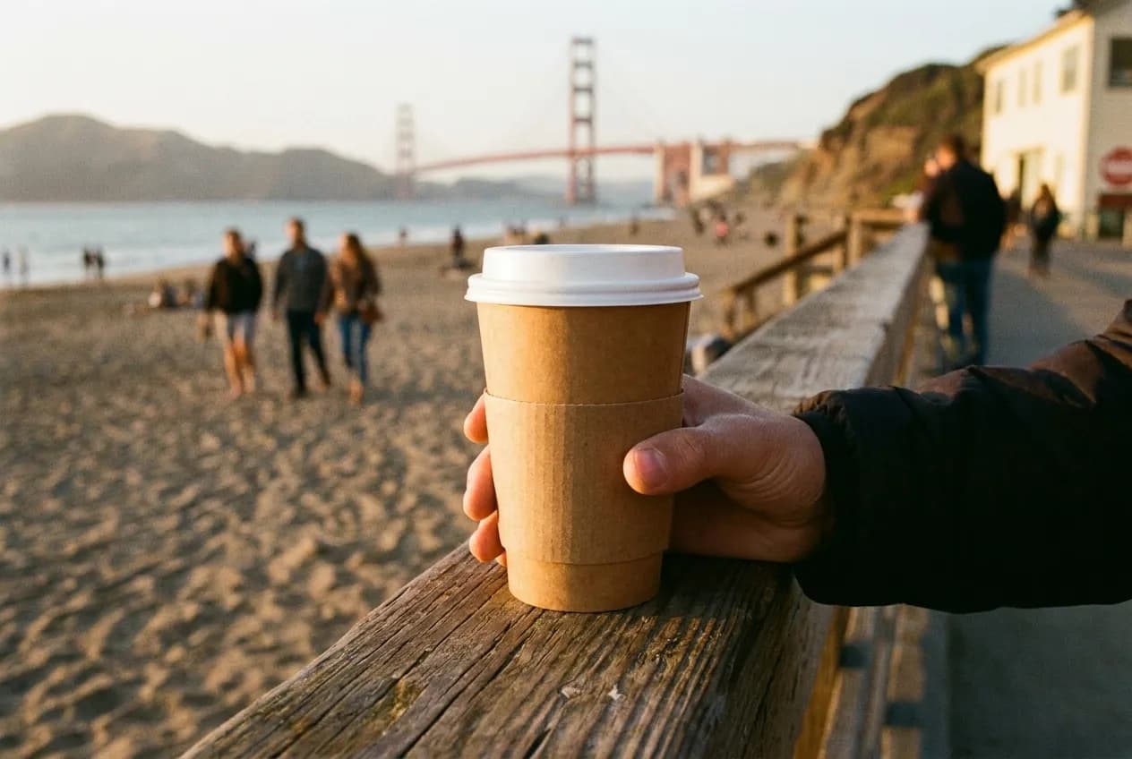 A paper cup of coffee held against a railing above a beach