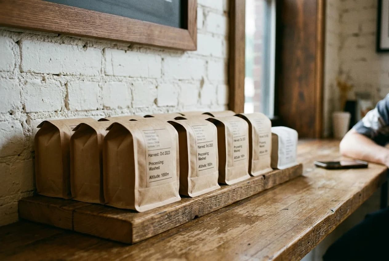 Retail coffee bags with origin labels on wooden shelf against white brick
