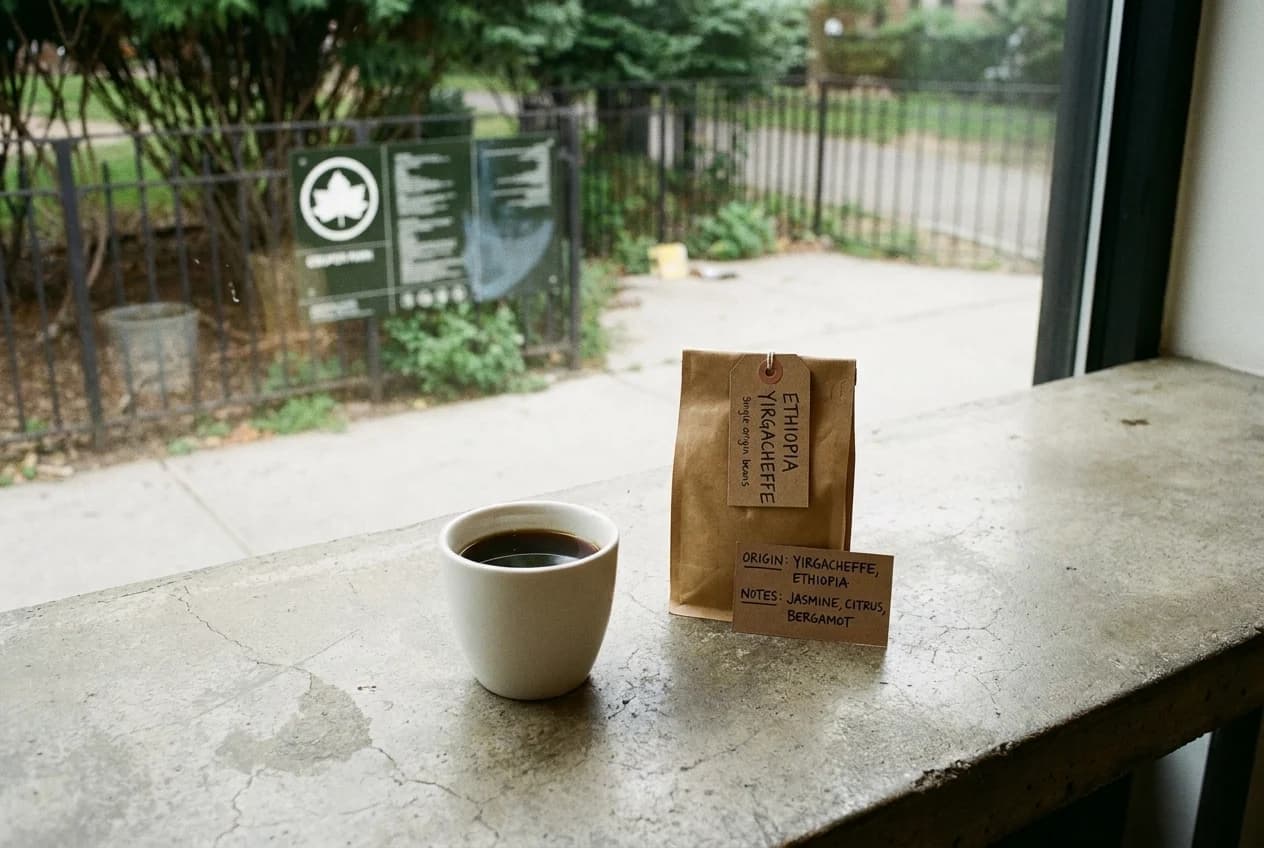 Pour-over coffee with single-origin beans and origin card on concrete cafe counter