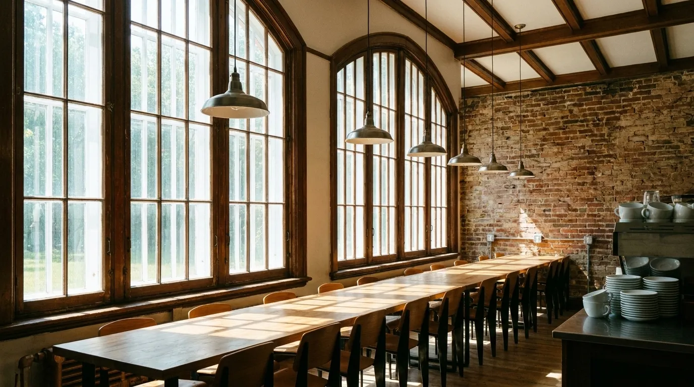 A café with a long communal table under a row of pendant lights, empty chairs pushed in and power sockets along the wall behind