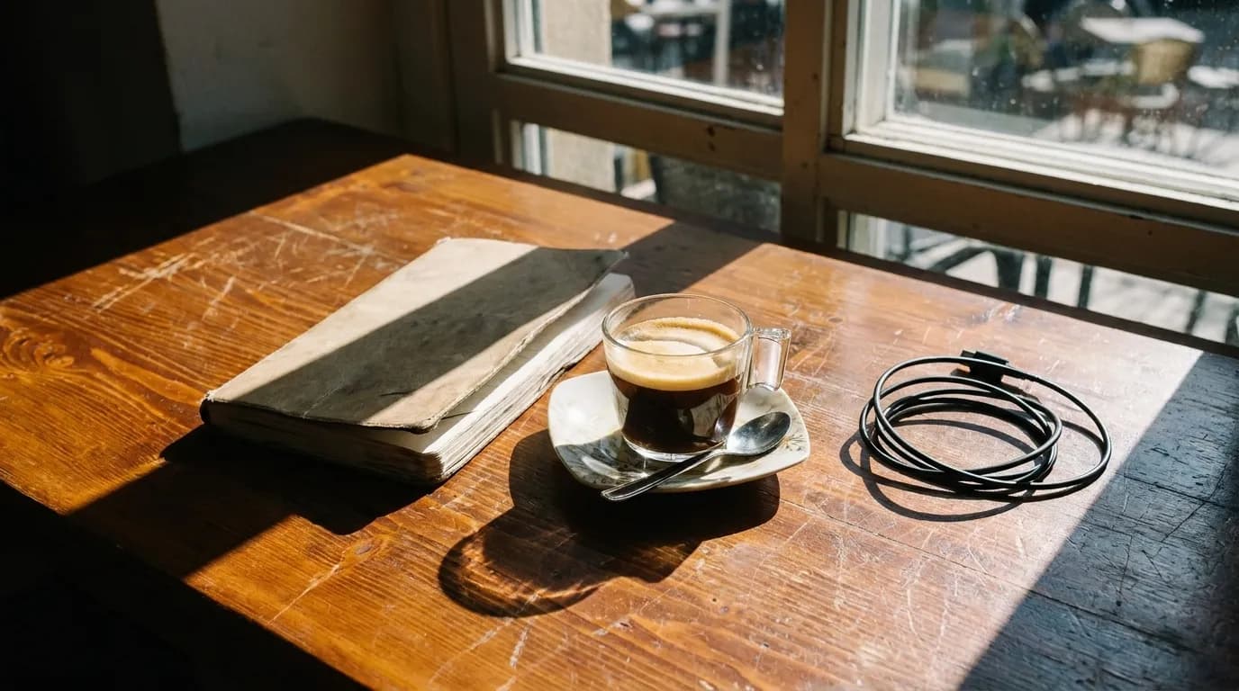 A cortadito in a small glass beside a notebook and a phone charging cable on a wooden café table by a window