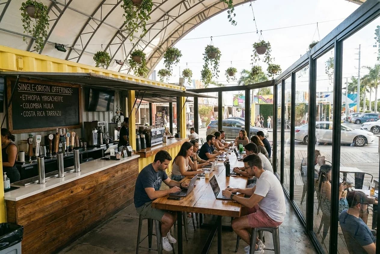 Interior of specialty coffee shop with communal table, large windows, and cold brew taps on counter