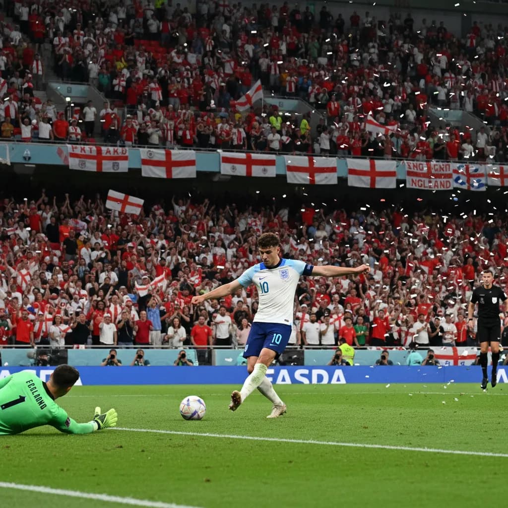 English attacker calmly slotting a penalty under floodlights