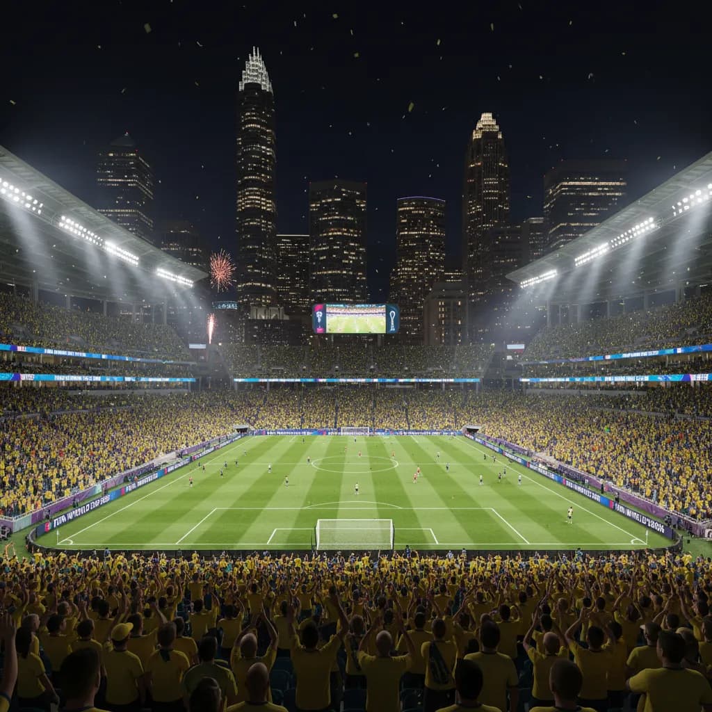 Bank of America Stadium packed with Colombian fans under the Charlotte skyline